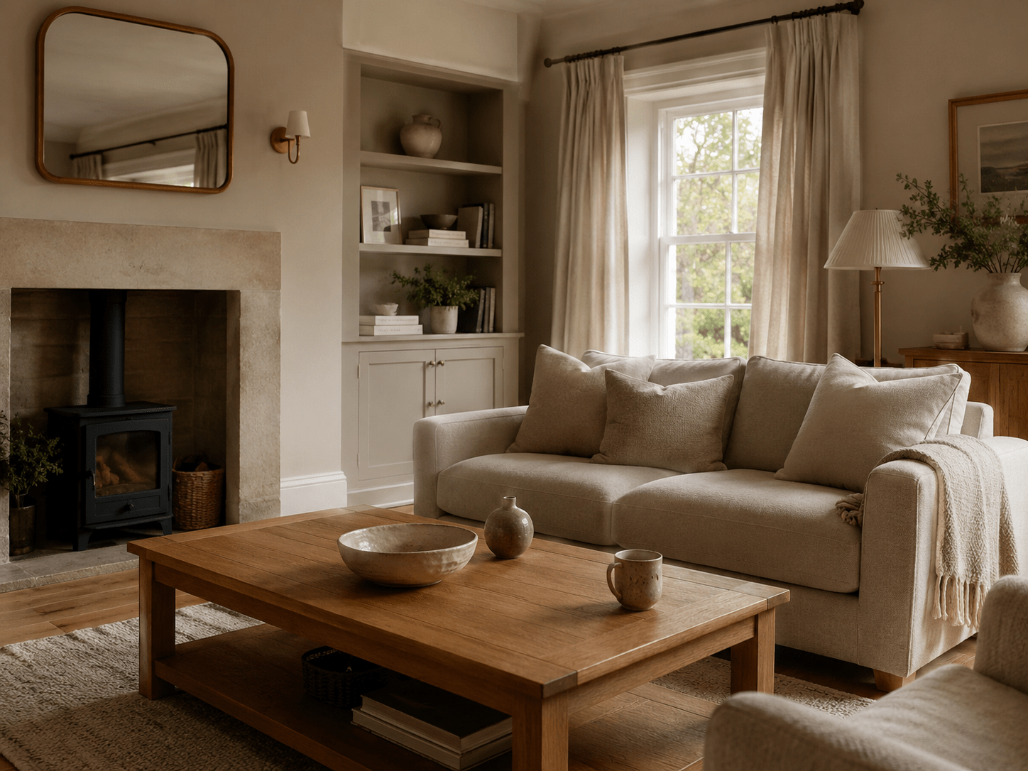 Warm neutral modern UK living room with stone clay and mushroom paint tones