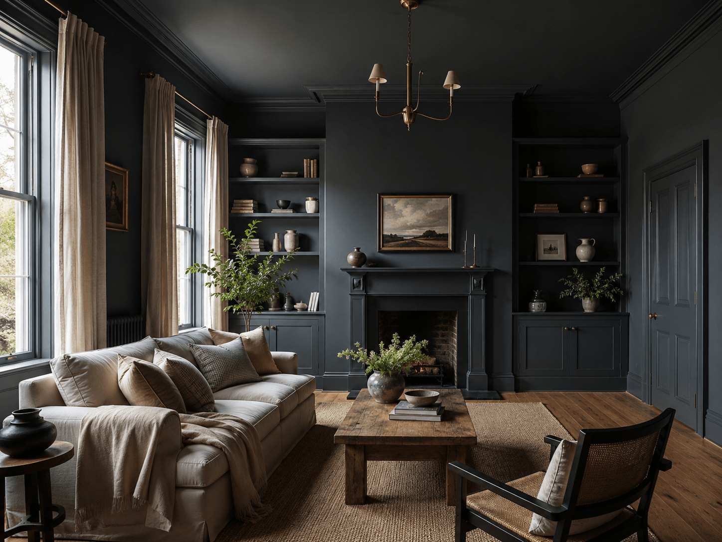 Farrow & Ball Dead Flat colour drenched living room with ultra matt walls woodwork and radiator
