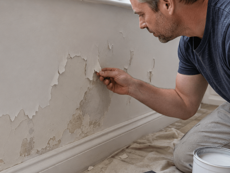 Homeowner inspecting peeling paint on an interior wall before using primer and sealer