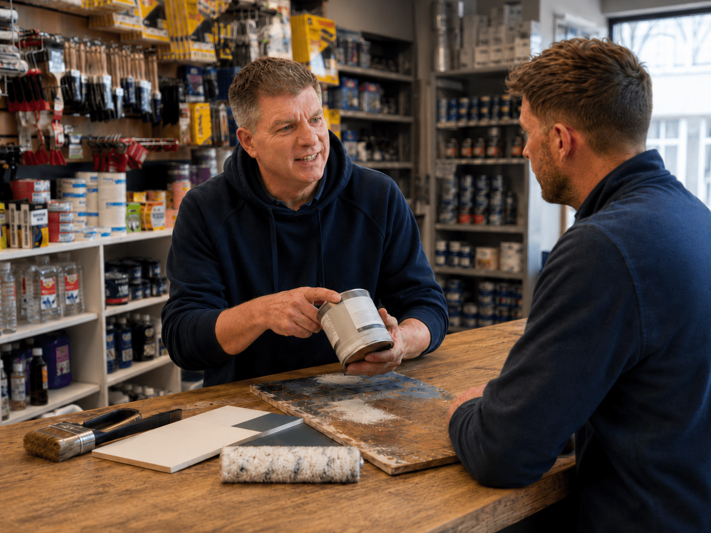 Paint expert advising on Zinsser BIN Aqua water-based stain blocking primer at Turner and Wood