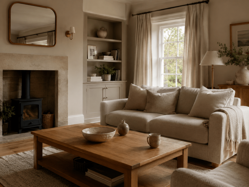 Warm neutral modern UK living room with stone clay and mushroom paint tones