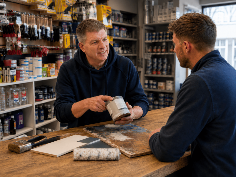 Paint expert advising on Zinsser BIN Aqua water-based stain blocking primer at Turner and Wood