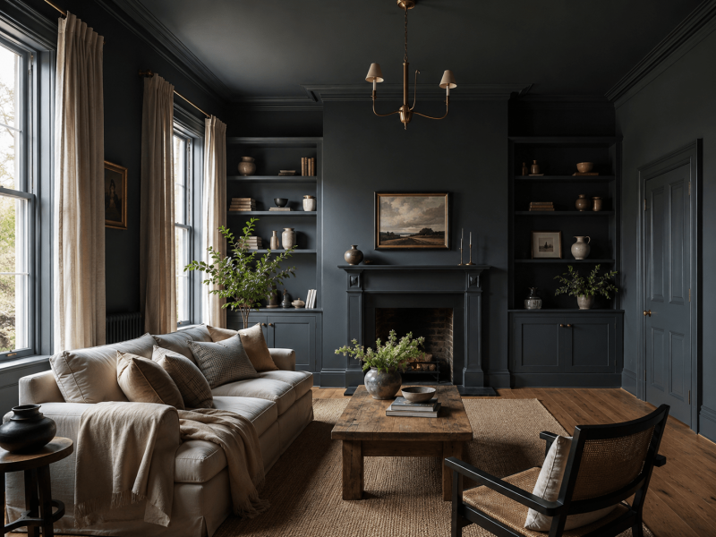 Farrow & Ball Dead Flat colour drenched living room with ultra matt walls woodwork and radiator