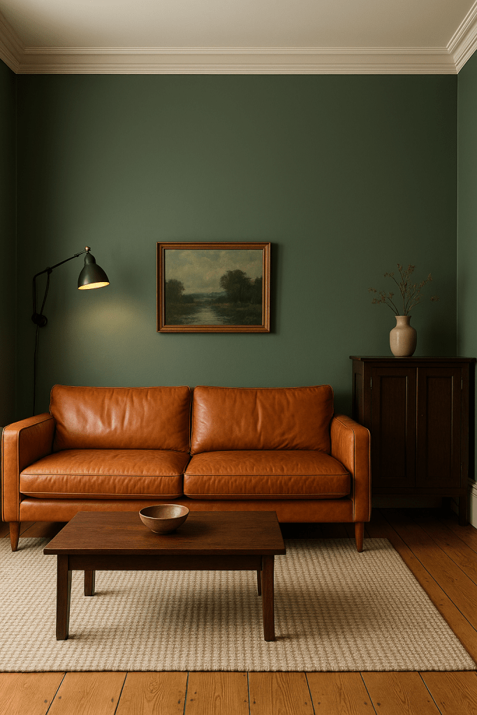 Farrow & Ball Green Smoke inspired living room with smoky green walls and warm neutral styling