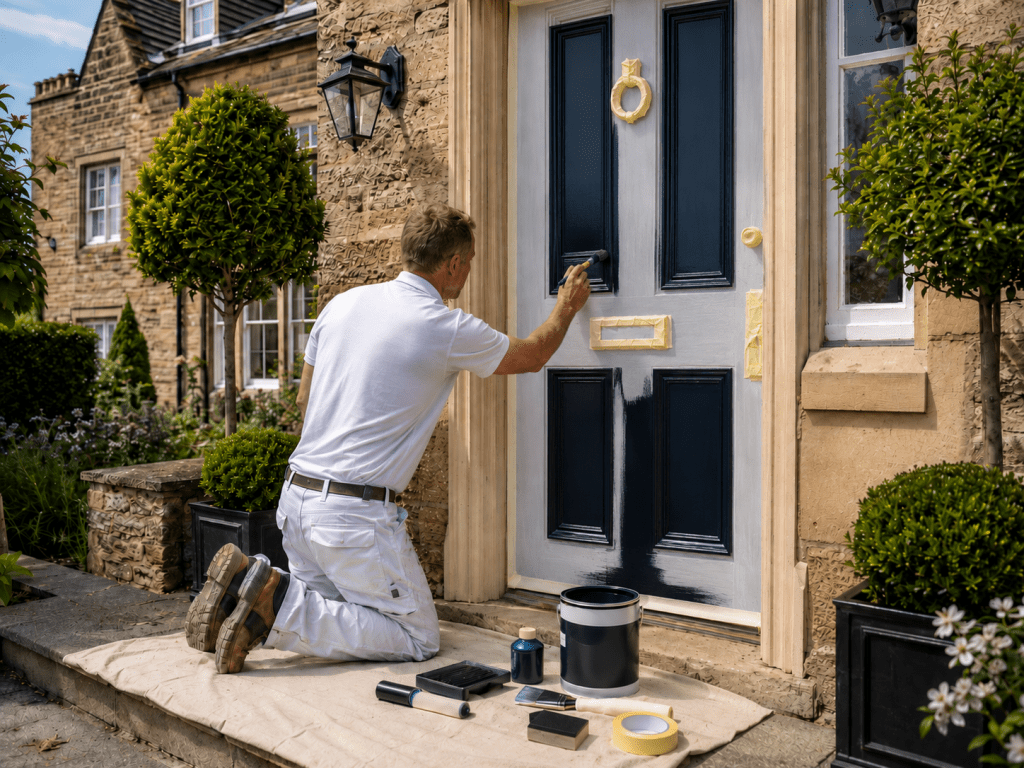 Freshly painted blue-black British front door with exterior paint, paint conditioner and decorating tools