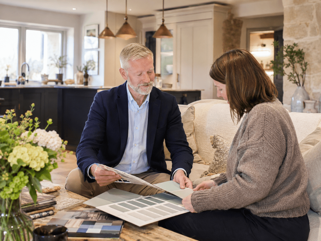 Simon carrying out a home colour consultation in a bright Yorkshire open-plan living space with paint sample boards